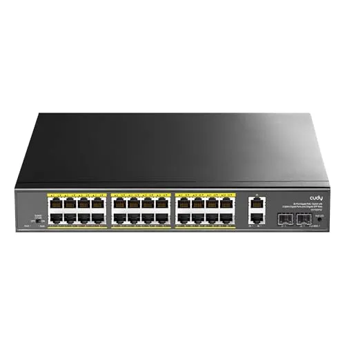 Cudy 24 Gigabit Ethernet Unmanaged PoE+ Switch, 300W, 24 Gigabit PoE+ Ports, 2 Gigabit SFP und 2 Uplink-Ports, VLAN-Modus, 19-Zoll-Rackmontage, 802.3af/at, GS1026PS2