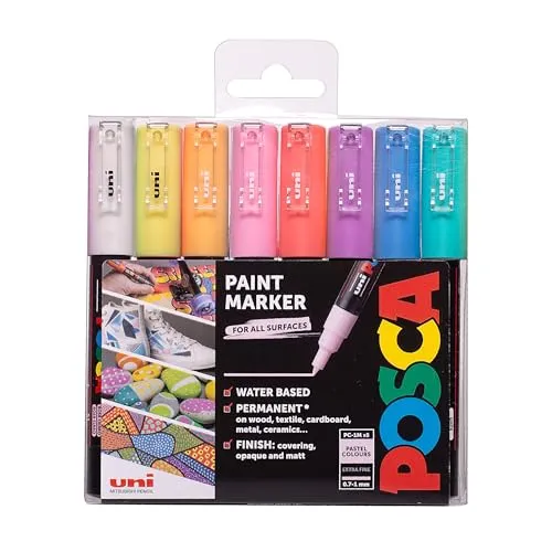 Posca PC-1M Permanent-Marker auf Wasserbasis, extra feine Spitze für Kunst und Handwerk, vielseitig einsetzbar auf Holz, Metall, Papier, Karton, Glas, Stoff, Keramik und Stein, 8 Stück, sortiert