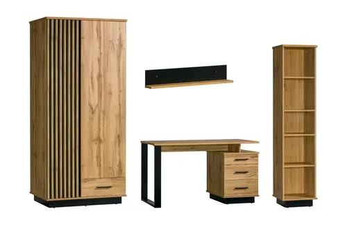 Deine Möbel 24 Jugendzimmer-Set LAMI A inkl. Kleiderschrank, Schreibtisch, Regal, Wandboard, (Funktionales Design mit viel Stauraum für Kleidung, Bücher & Dekoration, 4-tlg., Funktionales Design mit viel Stauraum für Kleidung, Bücher, Dekoration), in Wotan Eiche / Schwarz, Still: Scandi, Industrial