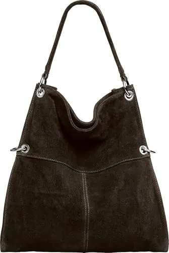 Caspar Schultertasche Große Vintage Damen Leder Handtasche - PREMIUM LINE - Modell No.805 - Elegante Beuteltasche aus hochwertigem italienischem Wildleder im Vintage Look. Ideal für Schule, Shopping oder kurze Ausflüge. Mit praktischen Fächern und einem abnehmbaren Schultergurt für vielseitigen Einsatz.