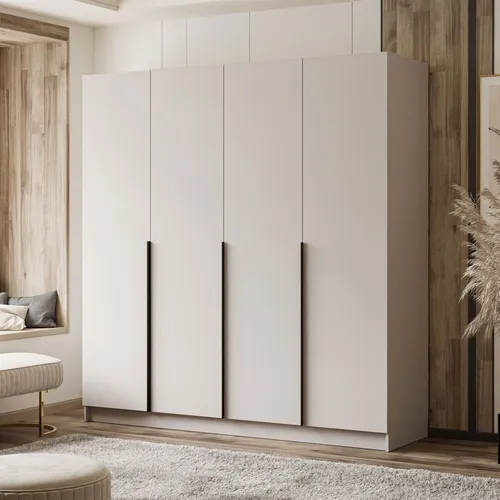 Kippbarer Kleiderschrank AUREL 4D KASCHMIR mit schwarzen Griffen - Drehtürenschrank in modischer Kaschmirfarbe mit hervorragender Innenaufteilung für optimale Raumnutzung und Stauraum, ideal für minimalistisches Wohnen.