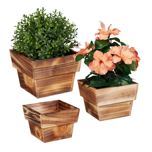 Blumentopf 3 Stück, Übertopf Holz, Pflanzengefäß eckig, Gartendeko Pflanzenkübel