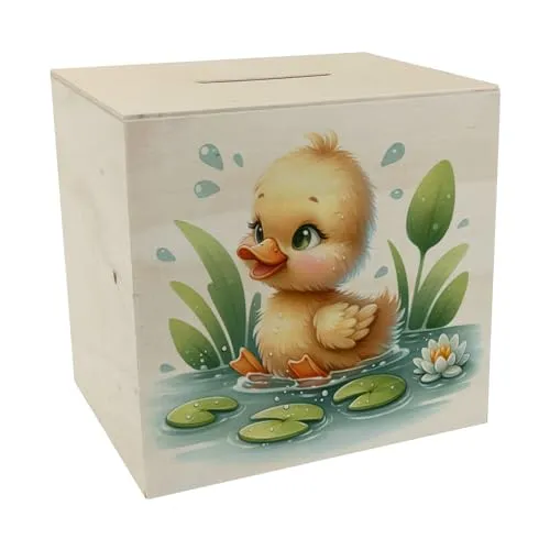 Planschente Ente Spardose aus Holz Niedliche Spardose aus Holz in süßem Enten-Design perfekt für kleine Wasserliebhaber die gerne Vögel Schwimmen sehen