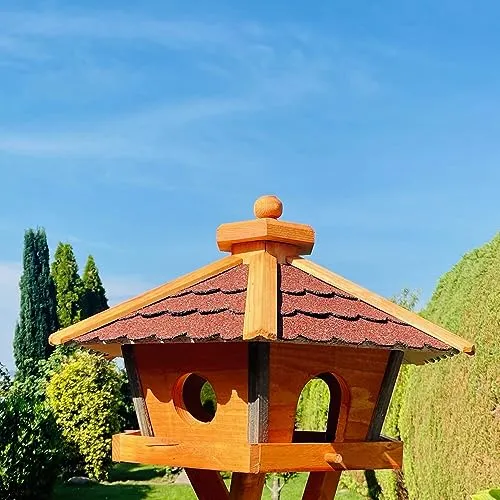 DARLUX Vogel Futter Haus L oder XL Sechseck Holz Vogelhaus Futterstelle Braun/Blau, Rot, Schwarz und Grün (XL ohne Ständer, Rot - Braun)