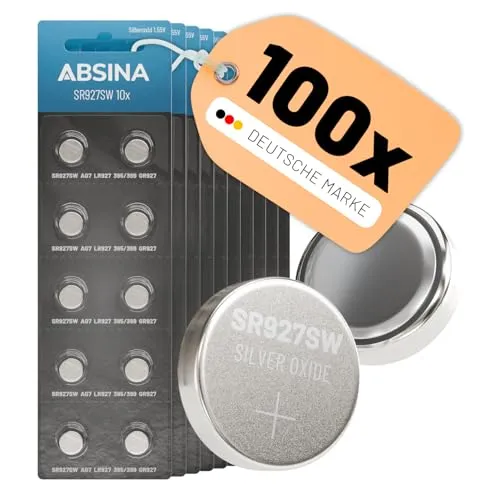 ABSINA SR 927 SW Knopfzelle - 10er Pack Uhrenbatterien 1,55V Silberoxid - Batterien für Uhren und Geräte, auslaufsicher mit bis zu 5 Jahren Lagerfähigkeit und ideal für extreme Temperaturen von -20°C bis +60°C.