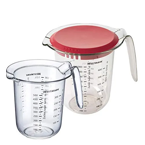 Westmark Set 2tlg., Messkannen 0,5 l und 1 l mit Deckel, mehrsprachige Messskalen, Kunststoff, Transparent/Rot, 306622E6