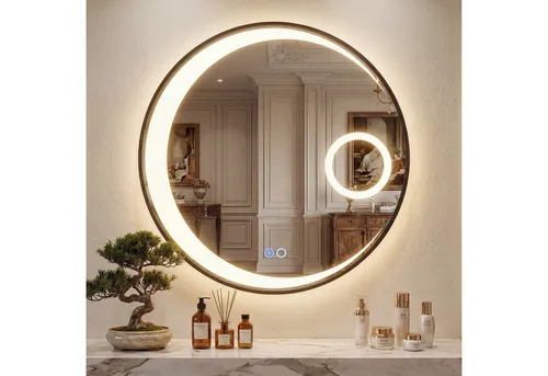 COSTWAY Rundspiegel mit Beleuchtung und Anti-Beschlag-Funktion, 60 cm - Eleganter Badspiegel mit 3 Lichtfarben und stufenloser Dimmbarkeit. Die Anti-Beschlag-Taste sorgt für klare Sicht, während die dreifache Vergrößerung präzise Anwendungen ermöglicht. Ideal für Badezimmer und Ankleidezimmer.