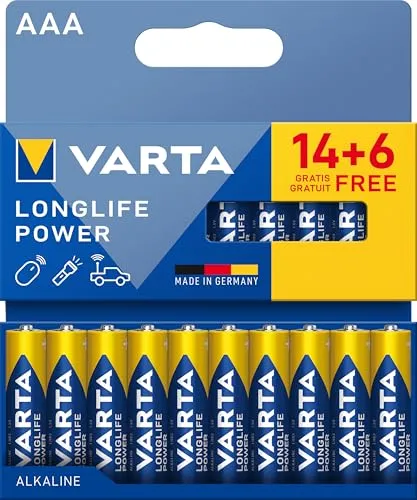 VARTA Batterien AAA, 14+6 (20 Stück), Longlife Power, Alkaline, 1,5V, ideal für Spielzeug, Funkmaus, Taschenlampen, Verpackung zu 90% recycelt, Made in Germany