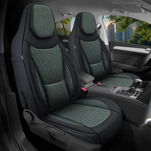 Schonbezüge für Skoda Octavia 3 Typ 5E (Bj 2013-20) in Schwarz/Olivgrün - Hochwertige Sitzbezüge für die Vorderseite, atmungsaktiv und einfach zu installieren. Ideal für den Schutz Ihrer Sitze mit universeller Kompatibilität und Airbagfreundlichkeit.