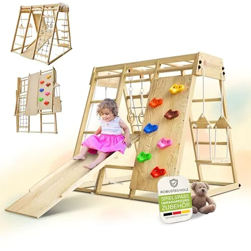Juskys Maxi Klettergerüst für Kinder - Indoor Spielplatz mit Rutsche, Kletterwand & Schaukel - Schaukeln und Klettern in einem! Das robuste Maxi Klettergerüst aus Holz bietet Rutsche, Kletterwand und Schaukel für unbegrenzten Spielspaß im Kinderzimmer.