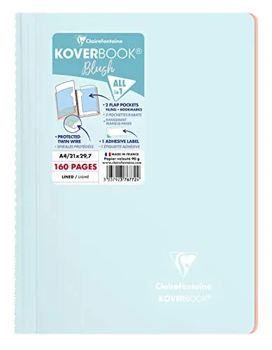 Clairefontaine 376772C Spiralblock Koverbook Blush, DIN A4, 21 x 29,7cm, 80 Blatt, liniert, 1 Stück, Eisblau / Korallenrot