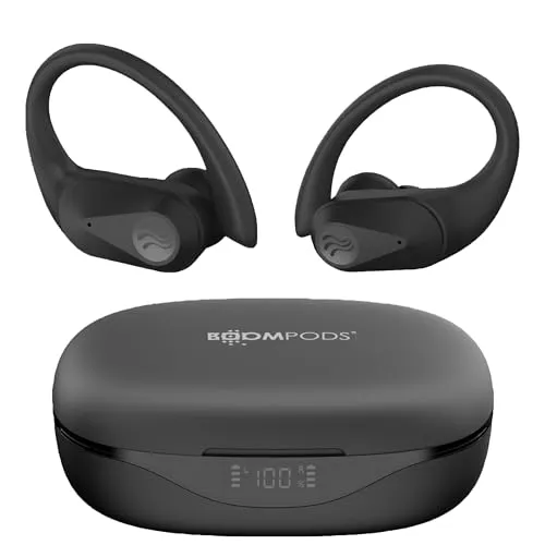 Boompods Sportpods Ocean Bluetooth Kopfhörer - Kopfhörer aus gerettetem Meeresmüll, IPX4 wasserdicht, 25 Std. Akkulaufzeit für intensives Training und Fitness, schweißresistent und bequem mit Sporthaken für perfekten Halt.