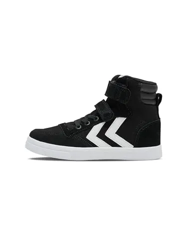 Hummel Unisex Kinder Slimmer Stadil High Jr Hohe Sneaker, Schwarz Coal Black, 31 EU - Sneaker mit hochwertigem Leder-Obermaterial und atmungsaktivem Mesh-Innenfutter, ideal für aktive Kinder und perfekten Halt durch Klettverschluss.