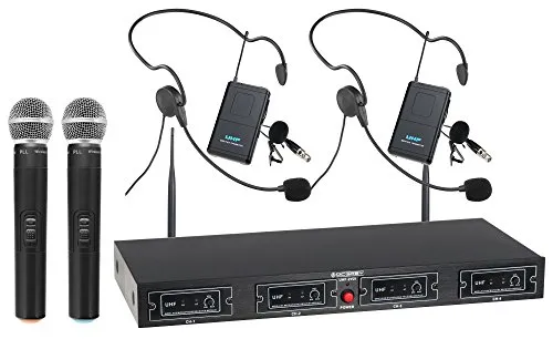 McGrey UHF-2V2H Quad Funkmikrofon Set - Mikrofone mit 4-Kanal UHF-Empfänger, ideal für Live-Events, inklusive 2 Handmikrofonen, 2 Headsets und 2 Taschensendern, Reichweite bis zu 50 Meter.