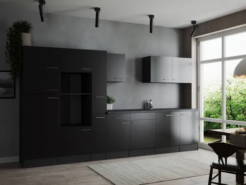 Respekta Küchenzeile Oliver 370 cm in Grau Matt und Schwarz - Moderne Küchenzeile mit ergonomischer Arbeitshöhe und eleganten Metallgriffen. Flexibel montierbar als durchgehende Zeile oder Doppelblock. Ideal für stilbewusste Küchenliebhaber.