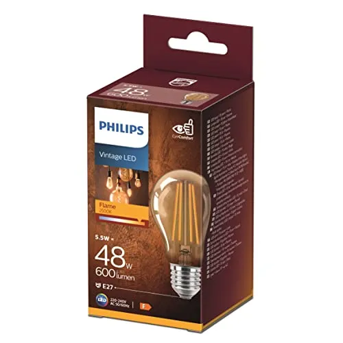 PHILIPS LES Classic E27 Vintage Lampe, 48 W, Vintage Dekolampe, Tropfenform, klar, gold, flame, 1 Stück (1er Pack)