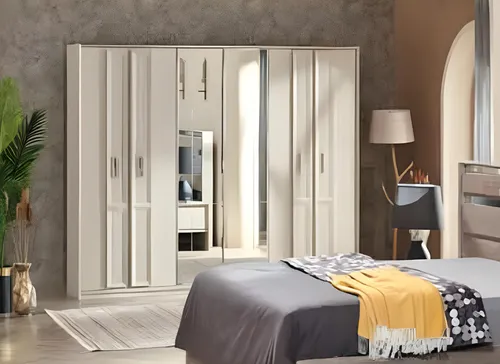 Luxus Holz Kleiderschrank Modern mit 6 Türen - Eleganter Kleiderschrank mit 6 Türen und 7 Regalfächern für optimalen Stauraum. Ideal für das Schlafzimmer, modernes Design in hellem Holz, Maße: 263 x 81 x 225,4 cm.