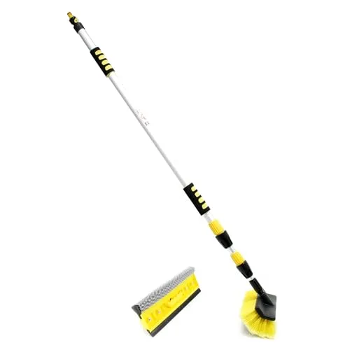 WilTec XPOtool 2in1 3D Teleskop Waschbürste mit Schlauchanschluss 145-300cm mit 2 Köpfen Bürste Schwamm Abzieher für Pkw, LKW, Wohnmobil