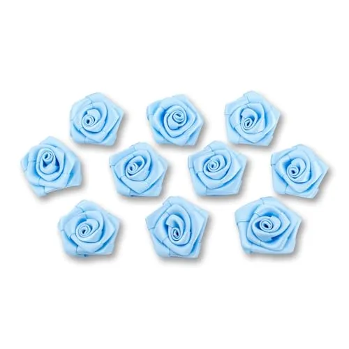 Satinrosen 3cm 10 Stück zum Basteln Dekorieren Verzieren - FARBAUSWAHL - kleine Deko Rosen aus Stoff - Hochzeit Tischdeko Geschenkverpackung Scrapbooking Handarbeit Blüten Dekoideen Hellblau