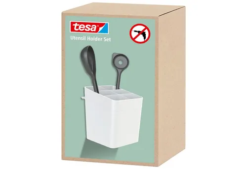 Tesa Küchenutensilienhalter 70045 - Utensilientöpfe aus robustem ABS-Kunststoff, mühelose Montage ohne Bohren, ideal für die saubere Aufbewahrung von Kochutensilien mit 6 Fächern.