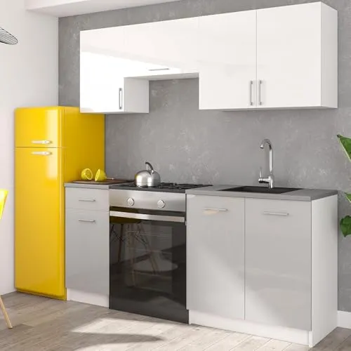 roe furniture Küchenzeile, Grau, Weiß Hochglanz