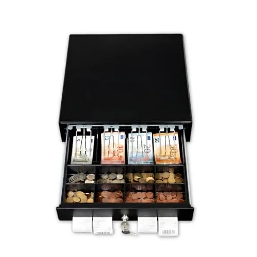 ratiotec RCD 250 Kassenschublade mit RJ-12 Anschluss für Registrierkasse, Kassenlade mit 8 Münzfächern, 4 Banknotenfächern, Teleskop-Schienen, 3-Positionen-Schloss, Stahlgehäuse