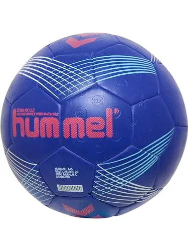 hummel Handball Storm Pro Größe 3 - Blue/RED - Handball aus 32 Panels mit semi-mikrofaser PU und Air-Touch-Schaum, ideal für Resin und mit 2 Jahren Garantie auf Form und Klebung.