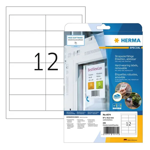 Herma Folienetiketten 4574, ablösbar und wetterfest - Etiketten in der Größe 97 x 42,3 mm, ideal für hohe Ansprüche: stark haftend, wasser- und ölbeständig, perfekt für drinnen und draußen. 240 Stück auf 20 Bögen.