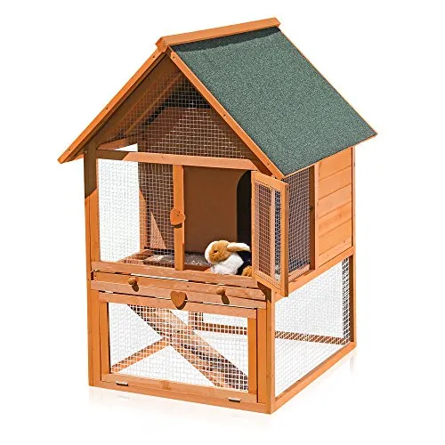 Melko Kleintierhaus XXL Hasenstall mit Freilaufgehege - Kleintiergehege & Käfige für draußen – Wetterfester, zweistöckiger Hasenstall aus imprägniertem Holz mit Rampe für optimalen Auslauf und Sicherheit gegen Raubtiere.