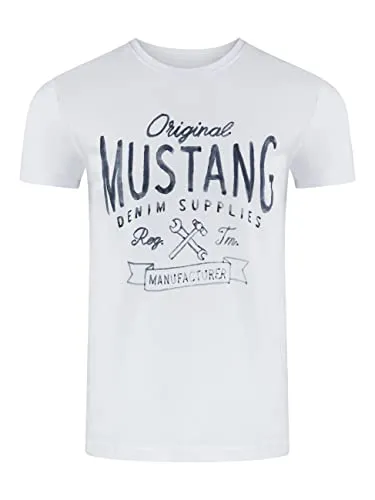 MUSTANG Tshirt Herren Regular Fit Rundhals Kurzarm Sommer Tee Shirt Logoprint Baumwolle, Größe:6XL, Farbe:General White (1001139-2045)
