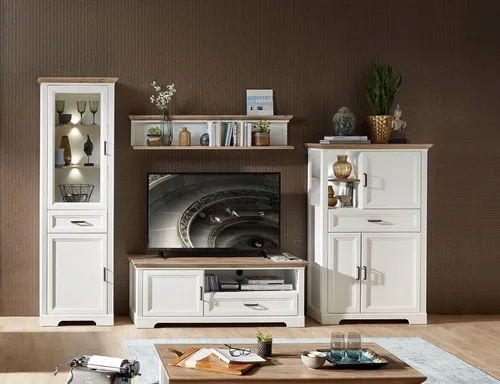 Wohnwand Jasmin Artisan Eiche mit LED - TV-Möbel & Schrankwände, stilvolle Landhaus-Wohnwand mit integrierter Beleuchtung und Softclose-Funktion für ein elegantes Wohnzimmer.
