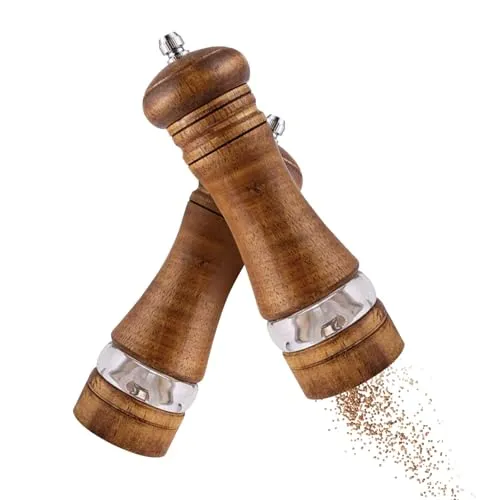 Homshsjhkis 2 Pcs Salz und Pfeffermühle Holz, Salzmühle, Gewürzmühle mit Einstellbarem Keramikmahlwerk, Manuell Verstellbarem Mahlgrad Einstellbar Fein Bis Grob, Hochwertiges Pfeffer Kräutermühle