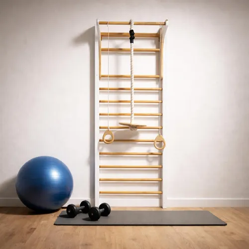 QLS Multifunktionale Holz Turnleiter 195x80 cm in Weiß für Fitness - Die QLS Multifunktionale Turnleiter bietet vielseitige Trainingsmöglichkeiten für Kinder und Erwachsene. Robuste Holz-Konstruktion, einfach zu montieren und ideal für Kraft- und Beweglichkeitsübungen.