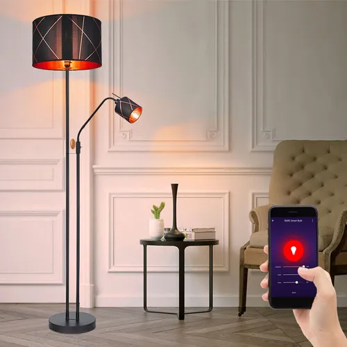 LED Stehlampe mit Leselampe und RGB Farbwechsel - Stehleuchte mit flexibler Leseleuchte, dimmbar und steuerbar über App oder Sprachbefehl. Glamouröses Design in schwarz-gold, ideal für gemütliche Abende.