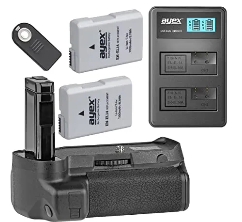 ayex Batteriegriff für Nikon D3400 mit IR-Fernauslöser - Foto- & Video-Zubehör: Ergonomischer Batteriegriff mit 2 x EN-EL14 Akkus und USB Dual-Ladegerät, ideal für lange Fotosessions und maximale Leistung.