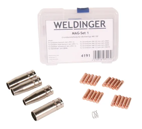 WELDINGER Stromdüse MAGSet 1 für MAG Schweißgarnitur MB 150 - Heißluftdüsen Set mit 25 Teilen, ideal für präzises Schweißen von 0,6 - 1,0 mm Draht, sorgt für optimale Schweißergebnisse.