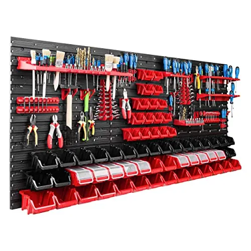 Lagersystem Werkstattregal | 172 x 78 cm | 62 stck. Box | Wandregal mit Werkzeughalterungen und Stapelboxen