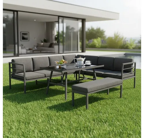 Melko Garten-Essgruppe Aluminium mit Glastisch - Wetterfeste Essgruppe für Garten und Terrasse, inklusive 6 wasserabweisenden Kissen und praktischer Sitzbank für höchsten Komfort und stilvolles Ambiente.