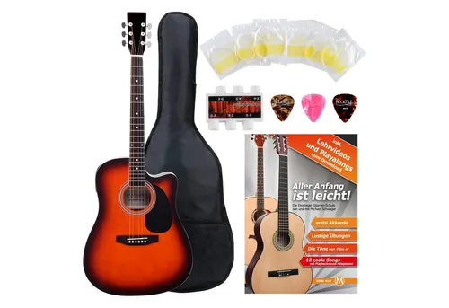 Classic Cantabile Westerngitarre Starter-Set mit Tonabnehmer - Komplettes Westerngitarrenset im Dreadnought-Style mit Cutaway, inkl. Tasche und Zubehör. Ideal für Anfänger und Musikbegeisterte, Farbe: Sunburst.