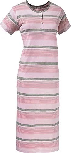 REDBEST Damen Nachthemd, Nachtkleid Nachtwäsche Single-Jersey, Streifen rosé/grau Größe 48/50 - mit Knopfleiste am Ausschnitt, anschmiegsam
