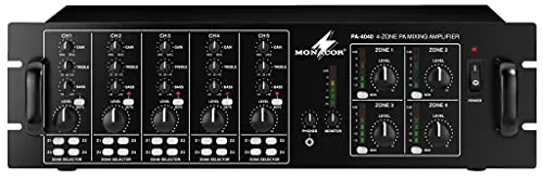 Monacor PA-4040 ELA Mischverstärker - Verstärker/Amp mit 4x40 WRMS, ideal für professionelle Audioanwendungen. Integrierter Limiter schützt Lautsprecher, während die Zonensteuerung flexible Audioverteilung ermöglicht.