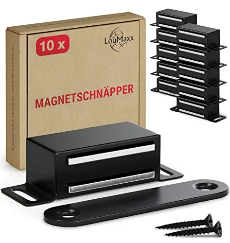 LouMaxx Magnetschnäpper stark - Haltekraft 4kg - 10er Set in Schwarz – Türmagnet -Schrankmagnet – Möbelmagnete – Tuer Magnetverschluss Edelstahl– Magnethalter Schranktür für sicheren Halt