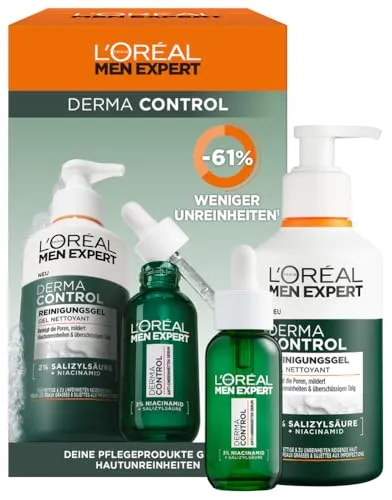 L'Oréal Men Expert Anti-Pickel Pflegeset für Männer, Geschenkset mit Waschgel und Serum für unreine Haut, Geschenke für Herren mit Salicylsäure & Niacinamide, Derma Control, 1 x 260 ml, 1 x 30 ml