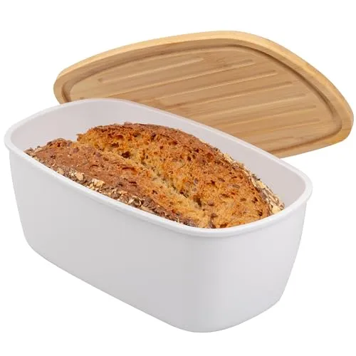 bremermann Brotkasten oval mit Bambus-Deckel, Brotbox mit Schneidebrett, Brottopf (Weiß)