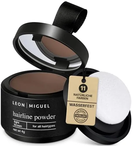 LEON MIGUEL Ansatzpuder - Wasserfestes Hairline Powder für natürliche Haarverdichtung (Hellbraun) - Schnelle Anwendung: Kaschiert in Sekunden lichte Stellen und sorgt für perfekten Halt bei allen Frisuren. Ideal für Männer und Frauen, mit 12 natürlichen Farbtönen für ein authentisches Ergebnis.