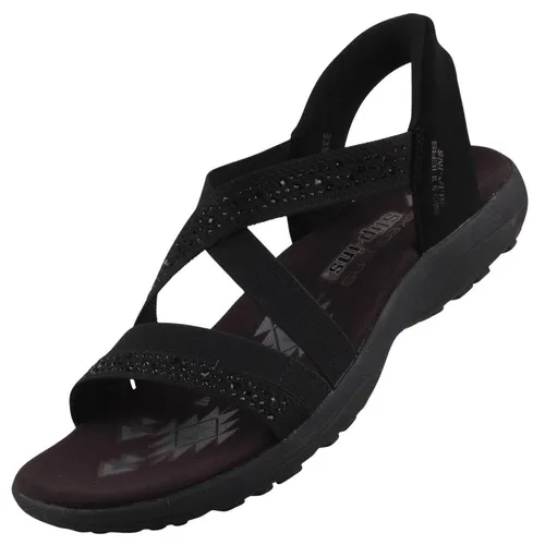 Skechers Damen Reggae Slim-Summer Sparkle Sandalen, Schwarz - Glamour trifft Komfort: Diese Damensandalen bieten ein strassverziertes Obermaterial und ein konturiertes Fußbett für ganztägigen Tragekomfort. Die flexible Außensohle sorgt für Stabilität auf jeder Oberfläche.