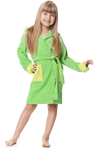 Ladeheid Bademantel Kinder Frottee - Kinder-Bademantel aus 100% Baumwolle, lang und mit Kapuze, ideal für gemütliche Stunden nach dem Baden, in blau/grün, Größe 110-116