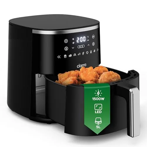 CIARRA Heißluftfritteuse mit digitalem Touchpanel, 5 l, benötigt kein Öl, Heißluftfrittieren, extra knusprig, Braten, Backen, Aufwärmen, Dörren, 8 Kochoptionen, antihaftbeschichtet, spülmaschinenfeste