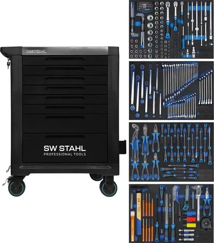 SW-Stahl Z3114 Profi Werkstattwagen TT801 Schwarz – 8 Schubladen, 246-teiliges Werkzeugset