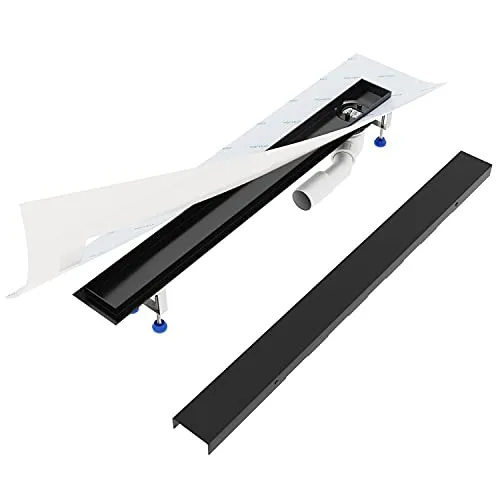 Aquabad® Duschrinne SDS Schwarzmatt Edelstahl Duschablauf, Haarsieb, Viega-Siphon, Komplett-Set, Blende: Bord schwarz 6.6 cm x 80 cm